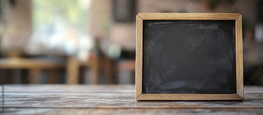 Poster wooden framed chalkboard on a rustic wooden table with blurred background and copy space for text pl