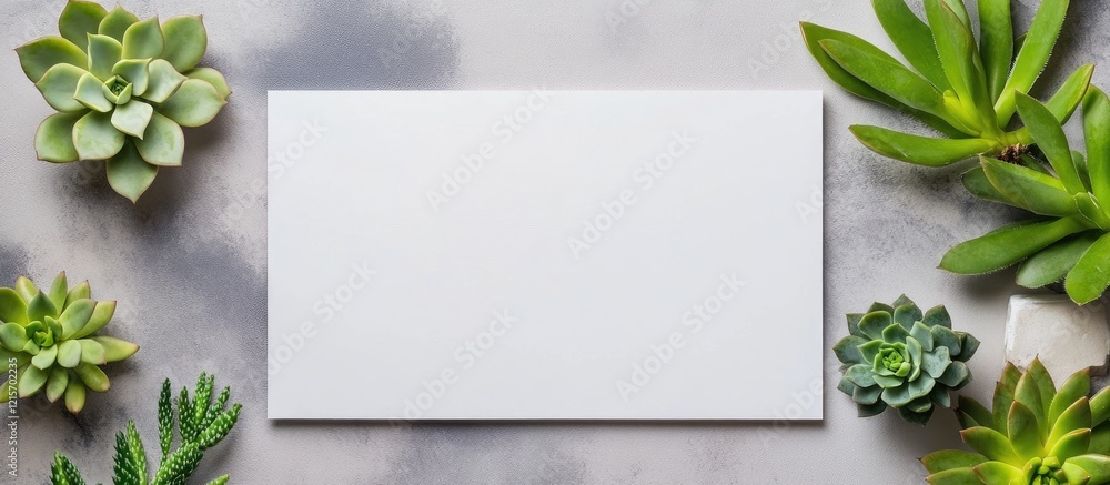 Poster succulent plants surrounding a blank white card on a textured gray background with copy space for te