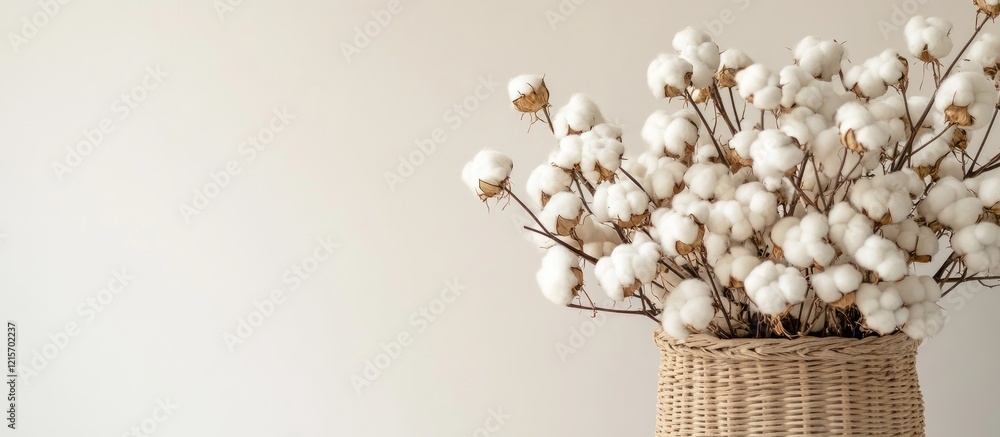 Poster cotton branches in a woven basket against a plain background with ample copy space for text placemen