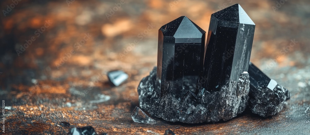 Poster black crystal formations on textured background with natural lighting features and copy space for te