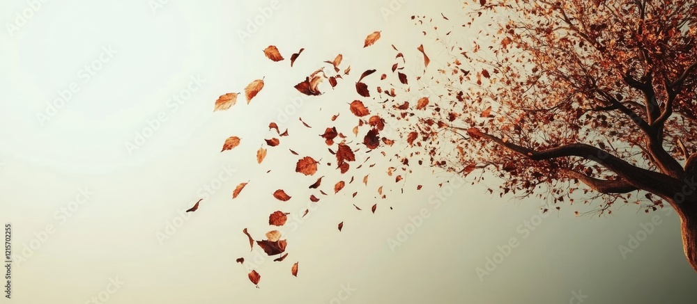 Poster autumn leaves blowing from a tree with a soft background and ample copy space for text placement