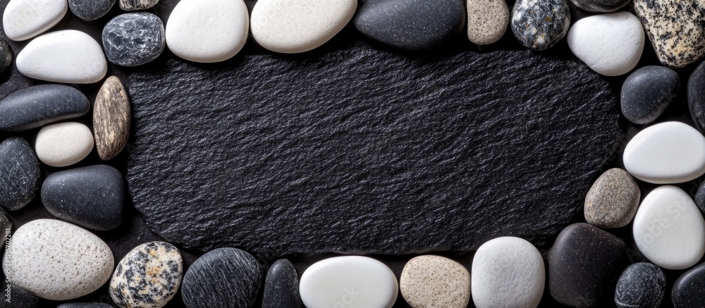 Poster black stone surface surrounded by smooth pebbles on a textured background with copy space for text p