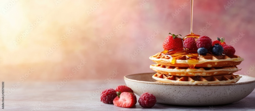 Poster stack of golden waffles topped with fresh berries and syrup on a plate with soft background and copy