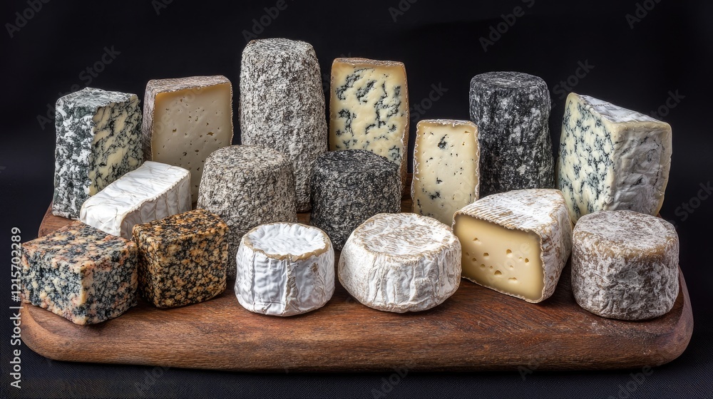 Poster assorted gourmet cheeses displayed on a wooden cheese board with dark background and ample copy spac