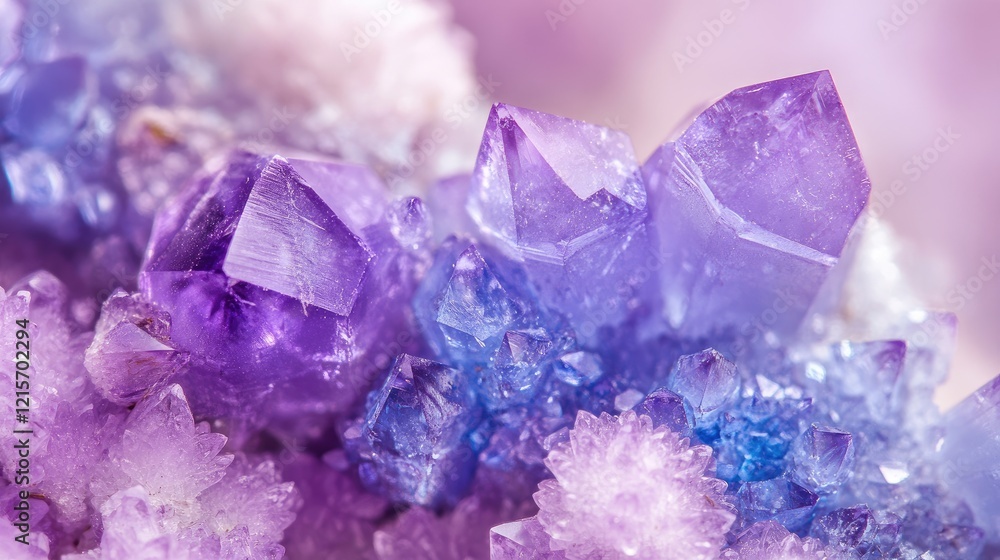 Poster purple amethyst crystal cluster with translucent texture and copy space for text