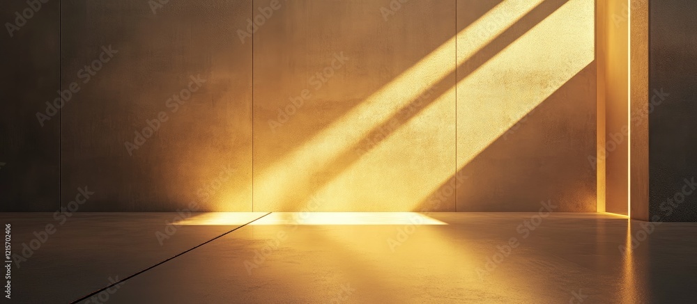 Poster interior with concrete walls illuminated by sunlight creating dramatic light and shadow effects and 
