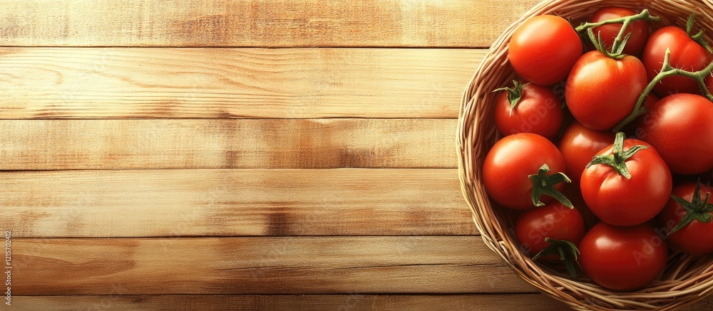 Poster fresh red tomatoes in a wicker basket on a wooden table with copy space for text.