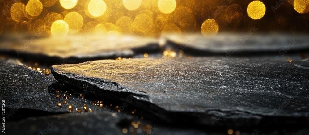 Poster textured dark stone surface with golden bokeh background and blurred lights, suitable for various de