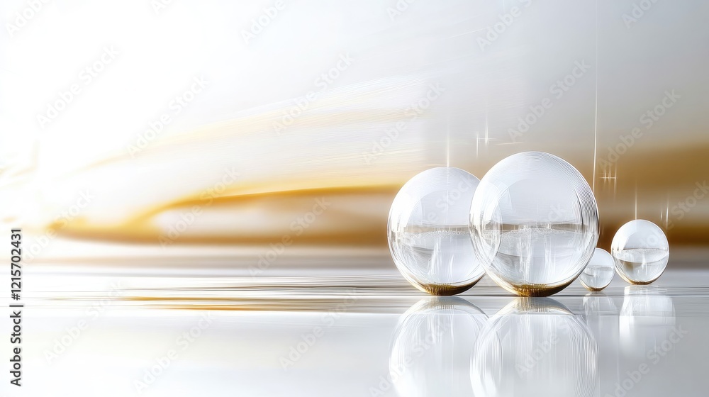 Poster abstract composition of transparent glass spheres on a reflective surface with soft golden hues and 