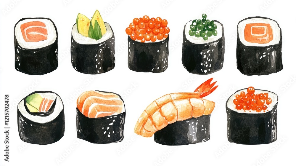 Poster assorted sushi rolls and sashimi with various toppings on a white background, includes copy space fo