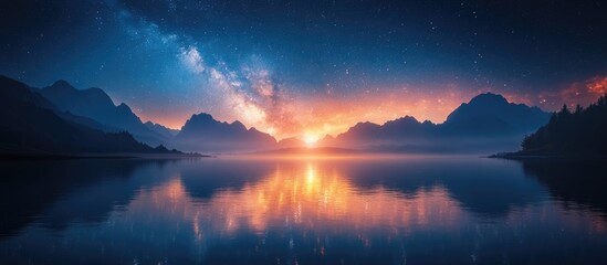 Dramatic sunrise over mountains reflecting in calm lake with starry sky and copy space for text