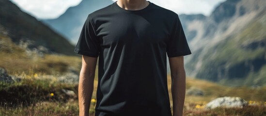 Man wearing a black t-shirt standing in a mountainous outdoor landscape with natural light and Copy Space for text.