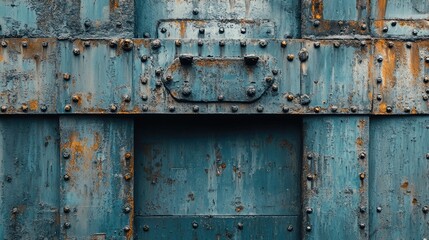 Naklejka premium Rusty metal surface with rivets and peeling paint detailed texture for industrial backgrounds or design elements Copy Space