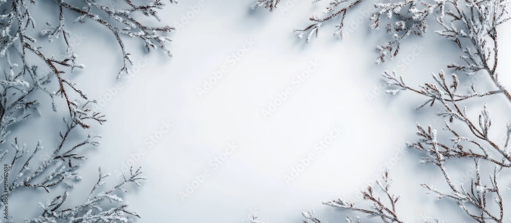 Poster snow-covered ground with frosty branches forming a natural frame and ample copy space for text place