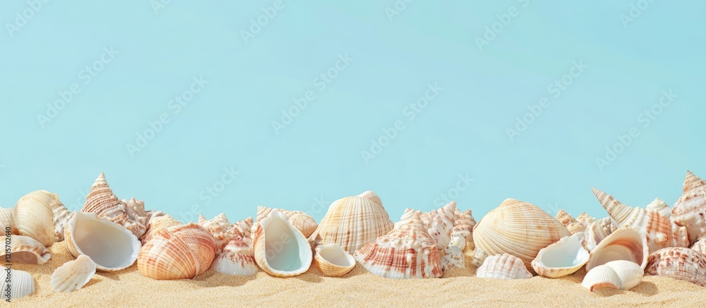 Poster seashells on sandy beach with blue sky background and ample copy space for text placement