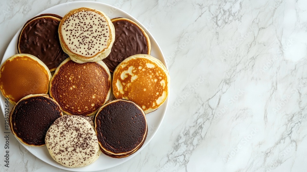 Poster assorted pancakes with various toppings on a white plate on a marble surface with copy space for tex