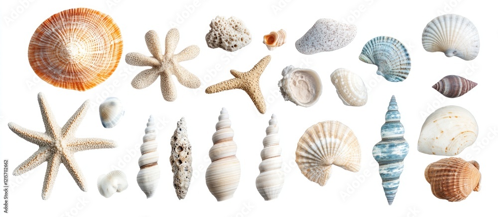 Poster collection of various seashells and sea stars on a white background with copy space for text placeme