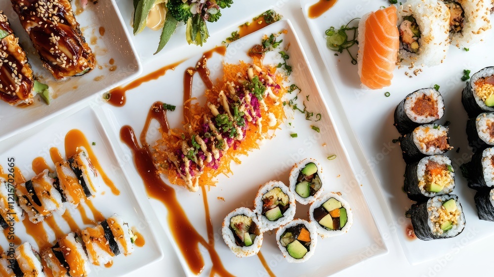 Poster assorted sushi platter with various rolls and sashimi on white background copy space
