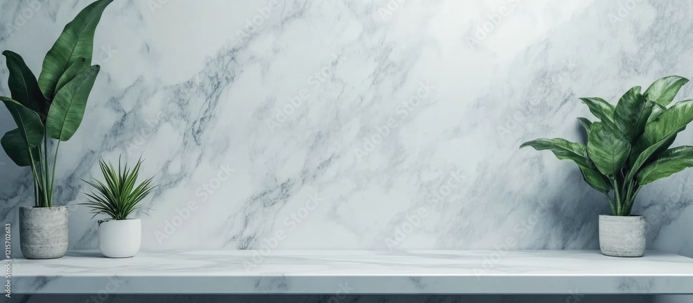 Poster marble background with two potted plants on a countertop copy space for text placement