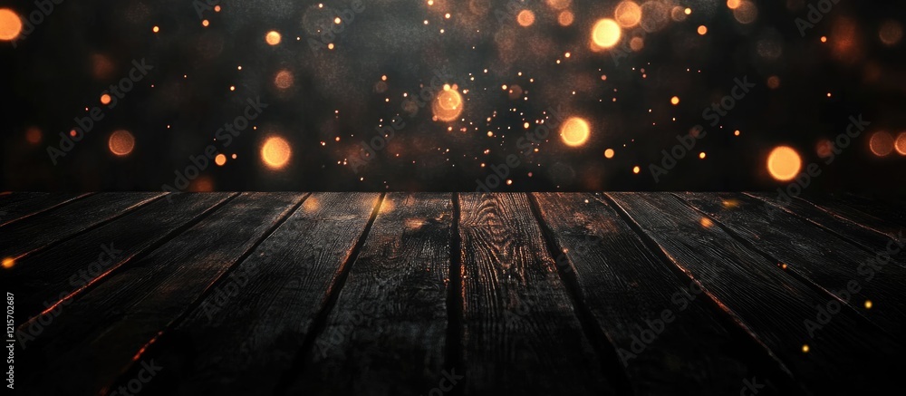 Aufkleber wooden surface with warm glowing bokeh lights and particles on dark background with copy space for t