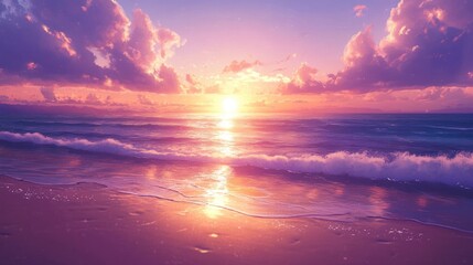 Serene sunset over a tranquil beach with gentle waves lapping at the shore, creating a peaceful atmosphere (1)
