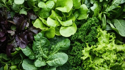 Fresh assortment of leafy greens including spinach, kale, lettuce, and other salad leaves on a textured background with Copy Space