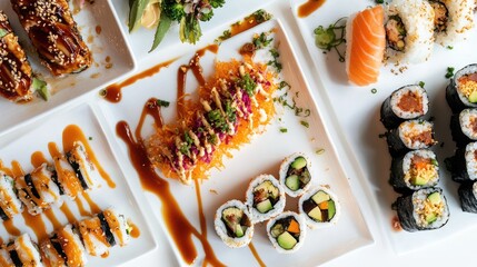 Assorted sushi platter with various rolls and sashimi on white background Copy Space