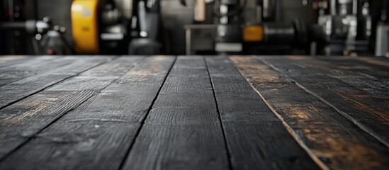 Obraz premium Wooden tabletop with dark stained planks in foreground, industrial workshop background with tools and machinery, Copy Space available