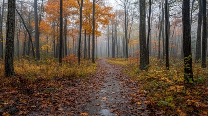 Serene autumn forest path surrounded by vibrant orange leaves and misty atmosphere