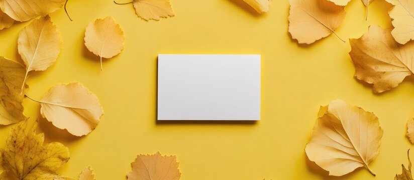 Blank business card surrounded by autumn leaves on yellow background with copy space for text or logo design. - Powered by Adobe