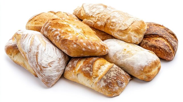 Variety of artisanal bread loaves stacked together on a white background with ample Copy Space for text placement