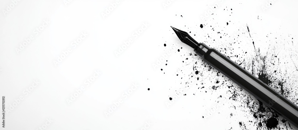 Poster fountain pen with ink splashes on blank white background with copy space for text placement