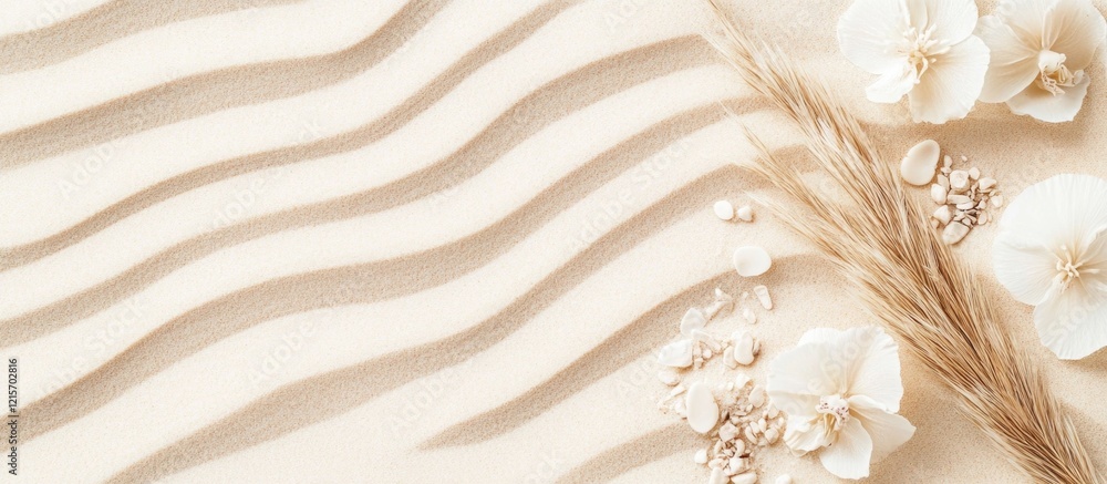 Poster elegant textured background with wavy lines and decorative white flowers and dried grass with copy s