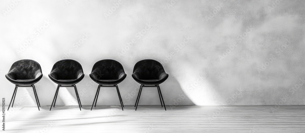 Poster black and white image of four modern chairs lined up against a textured wall with ample copy space f