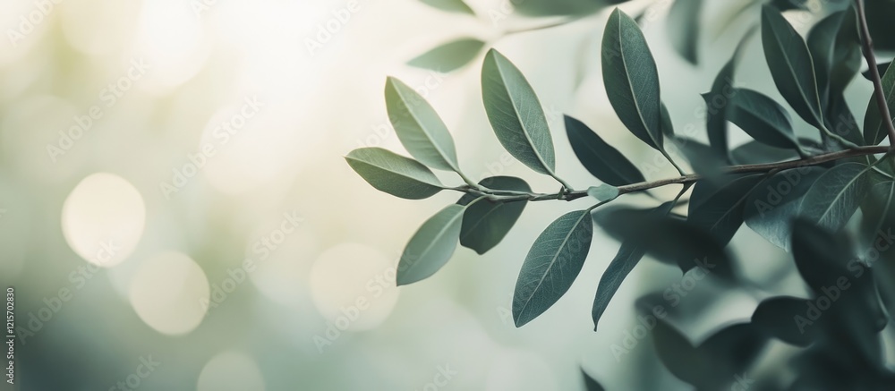 Poster green leaves with soft focus and bokeh background copy space for text integration