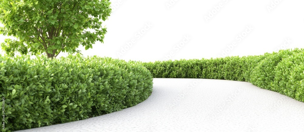 Poster lush green hedges forming a curved pathway with a tree on the side and copy space for text placement