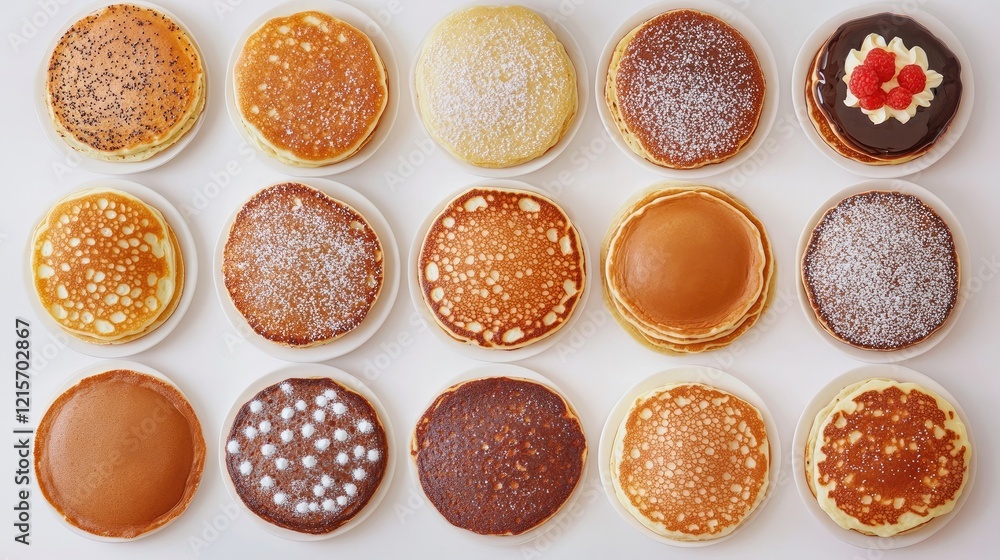 Poster variety of pancakes stacked on plates arranged in a grid pattern with copy space for text placement