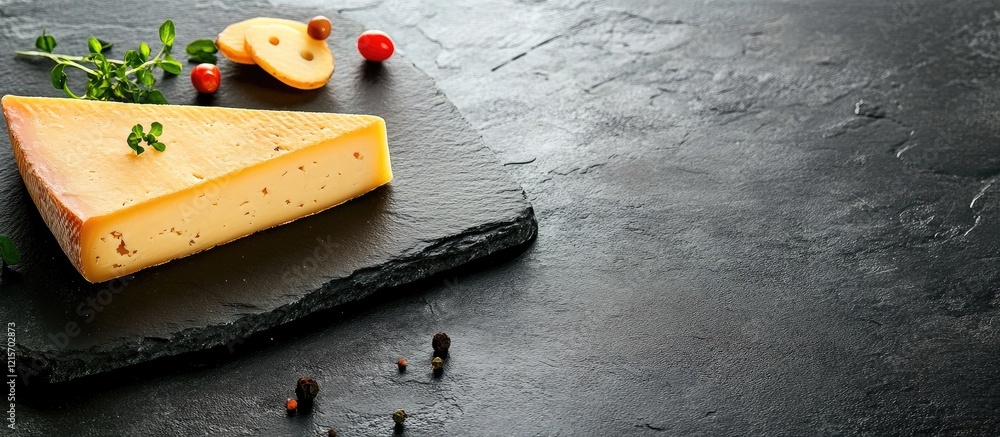 Poster cheese wedge with herbs and cherry tomatoes on a slate background with copy space for text placement