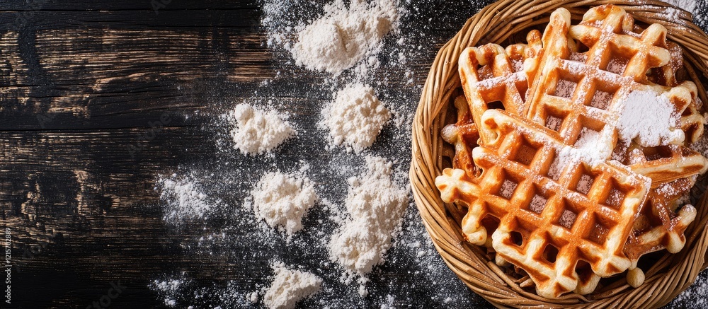 Poster waffles in a basket with powdered sugar and flour on a rustic dark wooden table with copy space for 