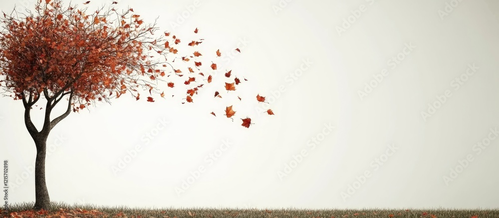 Poster lonely tree with autumn leaves blowing in the wind on a plain background with copy space for text pl