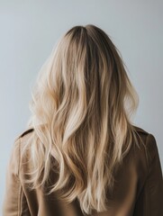 Naklejka premium Long blonde wavy hair of a woman seen from the back against a light gray background Copy Space