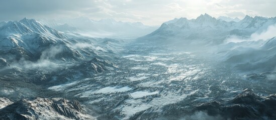 Panoramic view of snow-covered mountains and valleys under cloudy sky with misty foreground and distant peaks in winter landscape Copy Space
