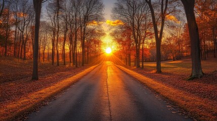 Serene autumn landscape with a sun setting down a tree-lined road, casting golden light on fallen leaves