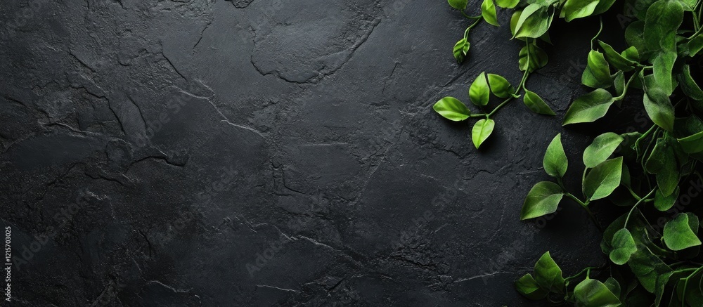 Poster textured dark stone surface with green leaves on the side and ample copy space for text placement