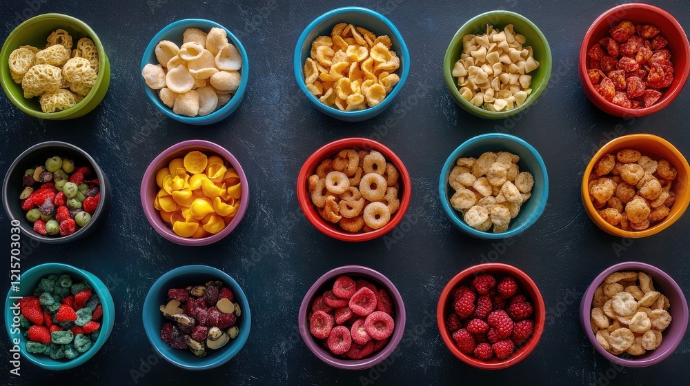 Aufkleber colorful assortment of dried fruits and snacks in bowls arranged in a grid pattern on a dark backgro