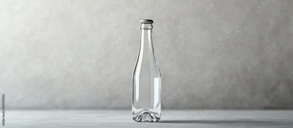 Poster empty glass bottle with metal cap on gray concrete background with copy space for branding or text p