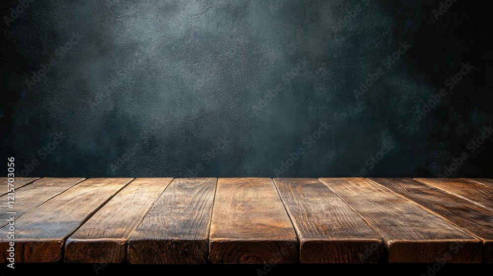 Poster wooden table surface with textured dark background and ample copy space for text placement.