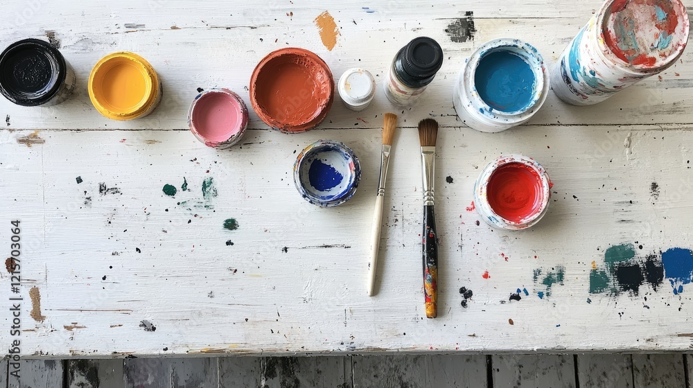 Aufkleber colorful paint jars and brushes arranged on a rustic wooden table with ample copy space for text pla