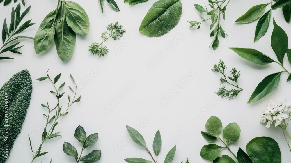 Poster green herbs and leaves arranged in a circular pattern on white background with copy space for text o