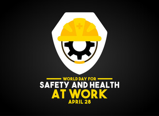 World Day for Safety and Health at Work. April 28. Security helmet, shield and gear icons. Gradient black background. Poster, banner, card, background.